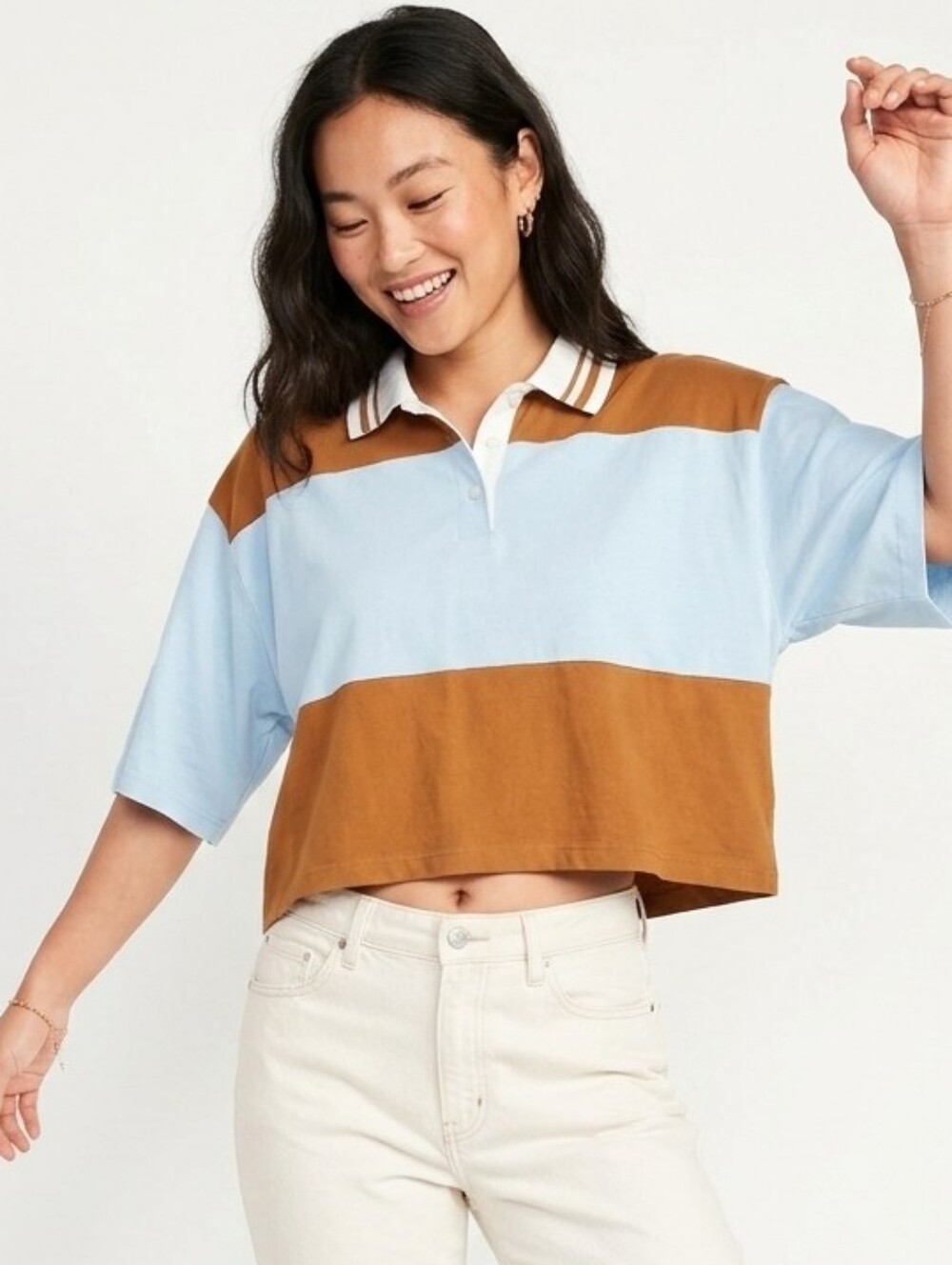 Wild Fable Light Blue and Rust Striped Cropped Polo
